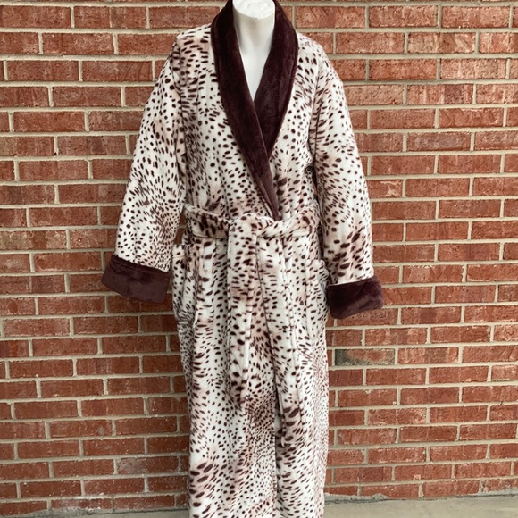 Natori Cheetah Print/Brown Faux Fur Trim Long Robe - Picture 7 of 9